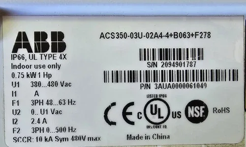 ABB ACS350-03U-02A4-4+B063+F278 1hp 3p 5