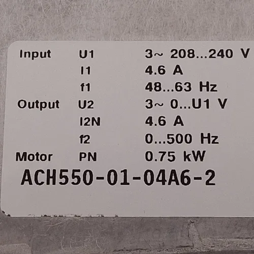 ABB ACH550-01-04A6-2 VFD 3 208-240VAC In 3 0-240VAC Out 0-500Hz 0.75kW 2