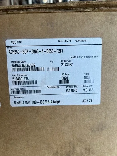 ABB ACH550-BCR-08A8-4+B058+F267 / ACH550BCR08A84B058F267 5HP 4KW 380-480V 8.8 A 2