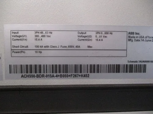 ABB ACH550 AC Drive with Bypass ACH550-BDR-015A-4+B055+F267+K452 10HP 3Ph 3