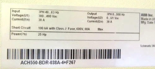 ABB ACH550-BDR-038A-4+F267 AC Drive 25HP 380-480Vac 38A 3