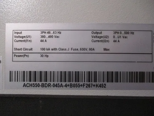 ABB ACH550 AC Drive with Bypass ACH550-BDR-045A-4+B055+F267+K452 30HP 3Ph 3