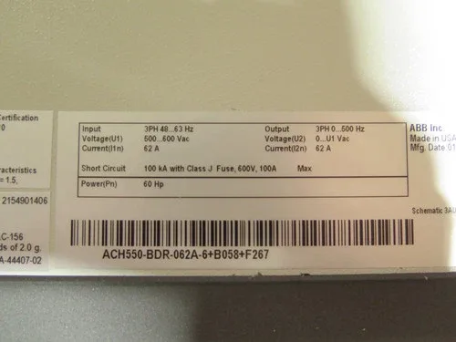 ABB ACH550-BDR-062A-6+B058+F267 HVAC AC Drive 60HP 500-600Vac 62A 3