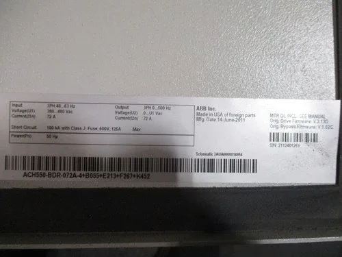 ABB ACH550 AC Drive with Bypass ACH550-BDR-072A-4+B055+E213+F267+K452 2