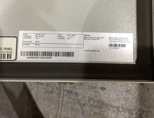 ABB Enclosed Industrial Control Panel 100 HP ACH550-BRC-125A-4+F267 2
