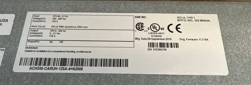 ABB ACH550-CARUH-125A-4+N2006 HVAC Drive VFD 125amp 4