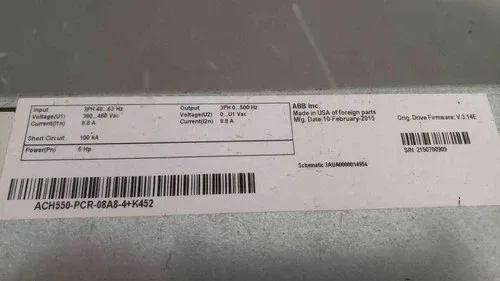 ABB 5HP 3PH VFD ACH550-PCR-08A8-4+K452 (SKU 112608) 3
