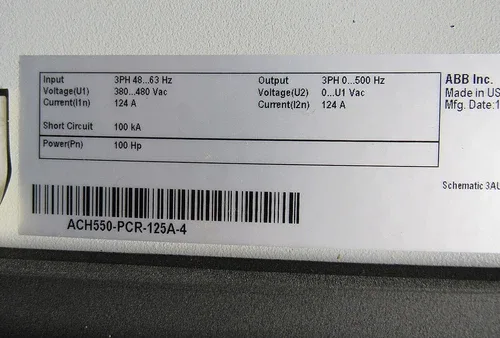 ABB DRIVE ACH550-PCR-125A-4 3PH 380-480VAC 100 HP 2