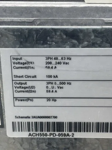 ABB ACH550-PD-059A-2 20HP Drive 3 Phase 208 … 240Vac 59.4A with Disconnect Key Pad 2