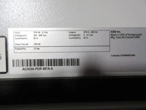 ABB ACH550 AC Drive ACH550-PDR-097A-4 75HP 3Ph with Keypad 3