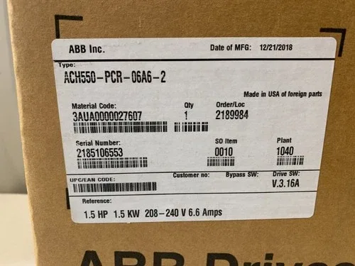 ABB ACH550-PCR-06A6-2 Drive 1.5HP 208-240V 6.6A 3
