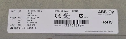 ABB ACH550-01-038A INVERTER ACH550 18.5KW SUPPLY 415V 3PH 50HZ 3