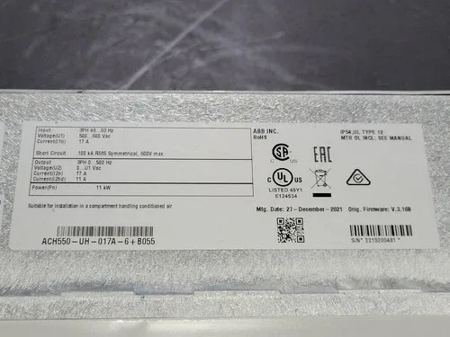 ABB SURPLUS 2021 ACH550-UH-017A-6+B055 15 hp 600 Volts 3-Phase VFD ACH550 2