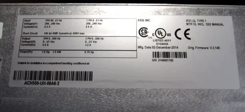 ABB HVAC DRIVE 240-200V 3PH-1PH ACH550-UH-06A6-2 2