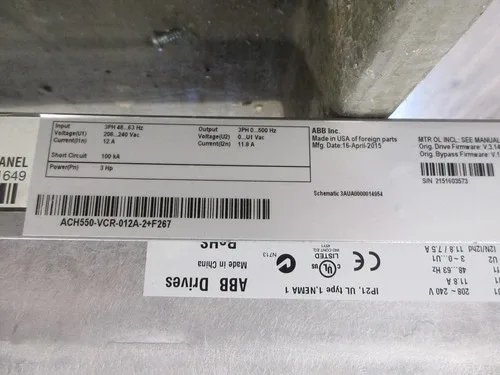 ABB ACH550 AC Drive with Bypass ACH550-VCR-012A-2+F267 3HP 3Ph with Keypad 2