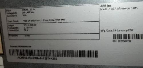 ABB ACH550-VD-038A-4+F267+K45 DRIVE 25HP 3PH 48-63HZ 380-480 VAC 100KA (1) 3