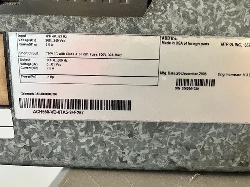 ABB 2HP VFD ACH550-VD-07A5-2+F267 AC Drive with BYPASS 208-240VAC 7.5AMP 3 PHASE 3