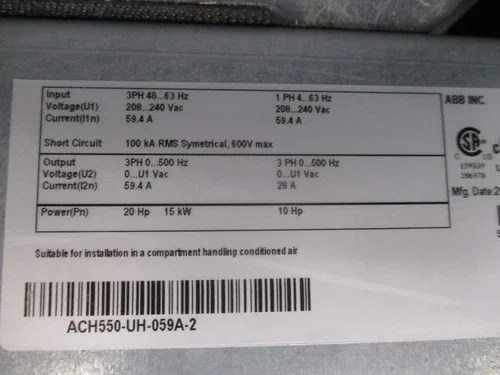 ABB ACH550 AC Drive ACH550-UH-059A-2 20HP/10HP Input 3PH 48-63Hz 208-240VAC 2
