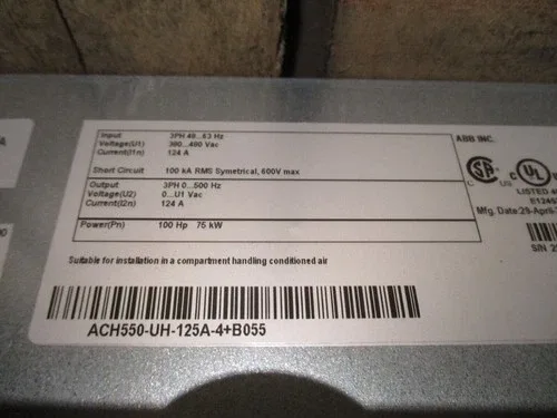ABB ACH550 AC Drive ACH550-UH-125A-4+B055 100HP 3Ph Type 12 Enclosure 3