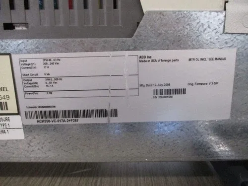 ABB ACH550 AC Drive with Bypass ACH550-VC-017A-2+F267 5HP 3Ph Input 3PH 48-63Hz 2 2