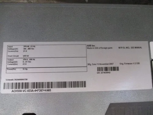 ABB ACH550 AC Drive with Bypass ACH550-VC-023A-4+K465 15HP 3Ph Input 3PH 48-63Hz 3 2