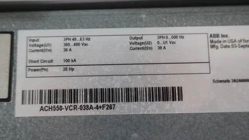 ABB Ach550-vcr-038a-4 Vfd Drive with Disconnect Switch 25hp 380-480v-ac 0-500hz 4