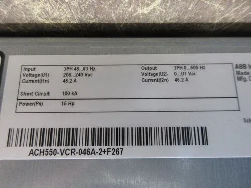 ABB ACH550 AC Drive with Bypass ACH550-VCR-046A-2+F267 15HP 3Ph with Keypad 3