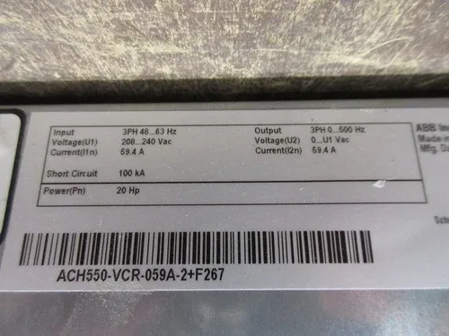 ABB ACH550 AC Drive with Bypass ACH550-VCR-059A-2+F267 20HP 3Ph with Keypad 3
