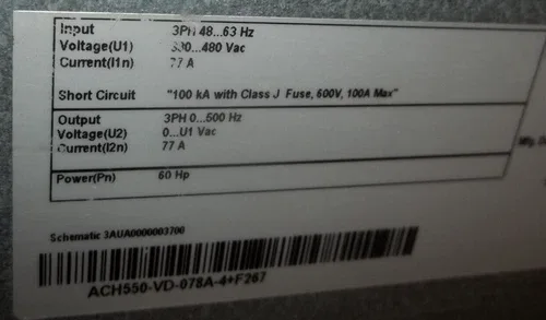 ABB ACH550-VD-078A-4+F267 DRIVE 60HP 3PH 48-63HZ 380-480 VAC 100KA (5) 2