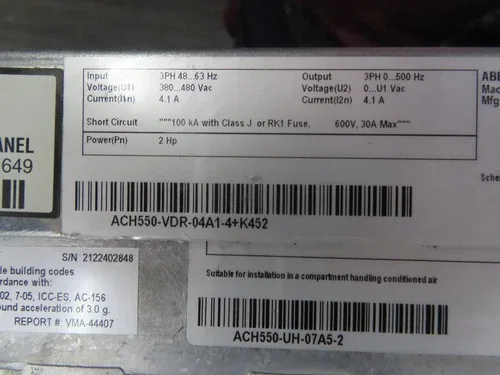 ABB VFD ACH550-VDR-04A1-4+K452 AC DRIVE 2HP 380/480V 3PH 4.1A R1 FRAME with BYPASS 3
