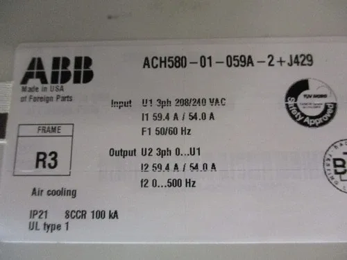 ABB ACH580 AC Drive ACH580-01-059A-2+J429 20HP 3Ph * No Keypad * 4