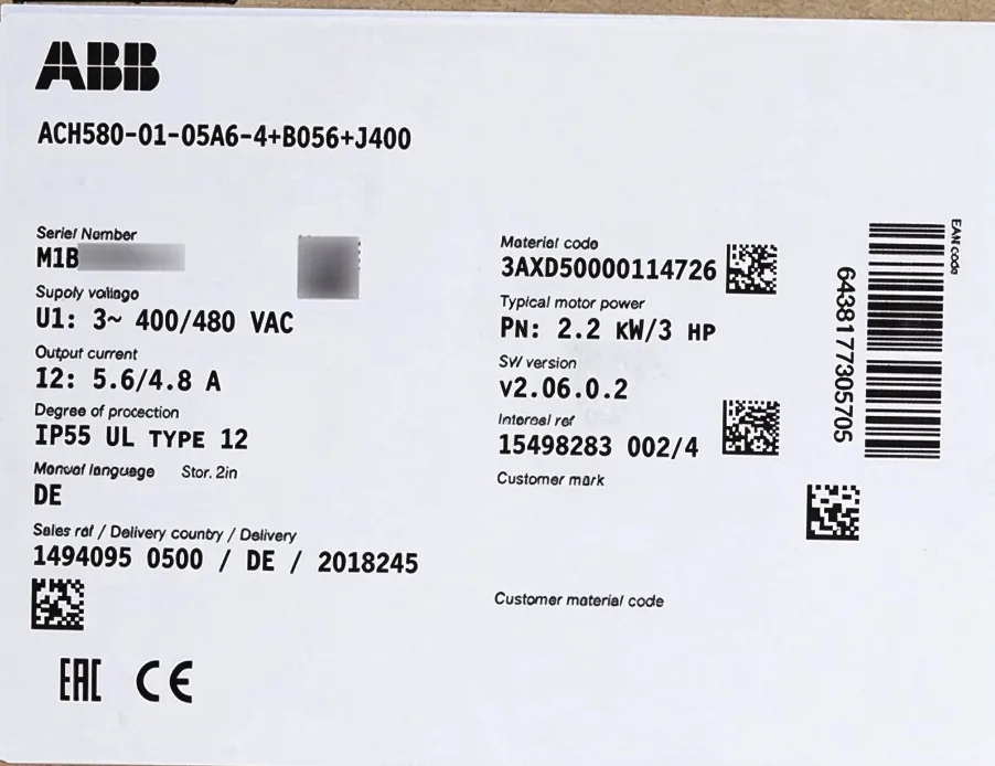 ABB Surplus ACH580-01-05A6-4+B056+J400 Low Voltage AC Wall-Mounted Drive 4