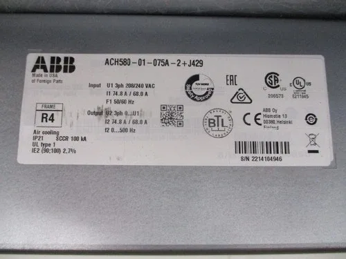 ABB ACH580 AC Drive ACH580-01-075A-2+J429 25HP 3Ph 2