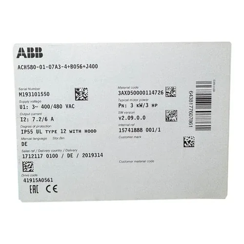 ABB ACH580-01-07A3-4+B056 Frequency Inverter 3PH 7.2A 3kW 98W 400/480Vac 3