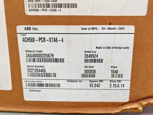 ABB ACH580-01-07A6-4+0J400+P922 VARIABLE FREQUENCY DRIVE 7.6A 400/480VAC 4