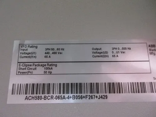 ABB ACH580 AC Drive with Bypass ACH580-BCR-065A-4+B056+F267+J429 50HP 3Ph 4