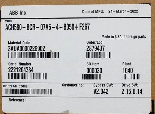 ABB ACH580-BCR-07A6-4+B058 HVAC Drive with E-Clipse Bypass 5Hp 7.6A (3378663) 2