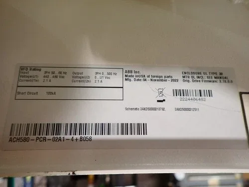ABB Enclosed VFD AC Drive ACH580-PCR-02A1-4 +B058 3 Phase 480v 2.1A VFD492 2