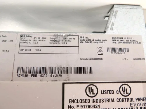 ABB ACH580-PDR-03A9-6 HVAC AC Drive 3HP Bluetooth 600Vac 3.9A 2