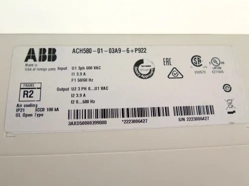 ABB ACH580-PDR-03A9-6 HVAC AC Drive 3HP Bluetooth 600Vac 3.9A 3
