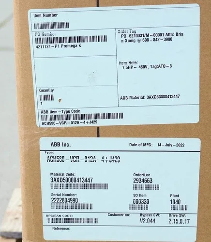 ABB ACH580-VCR-012A-4+J429 E-Clipse Bypass AC Drive 7.5HP 480V ACH580-VCR-012A-4 3