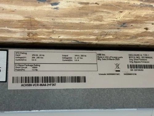 ABB ACH580-VCR-06A6-2 +F267 E-Clipse Package 1.5HP 100kA 3PH 2