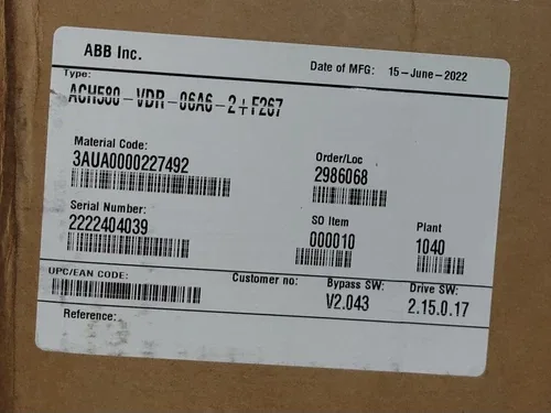 ABB ACH580-VDR-06A6-2+F267 Drive AC 1.5HP 240V 6.6A VT N1 2