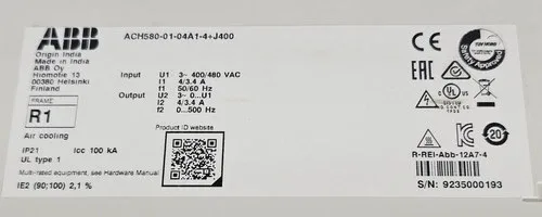 ABB ACH580 ACH580-01-04A1-4+J400 1.5KW 2HP HVAC FREQUENCY DRIVE (1 2