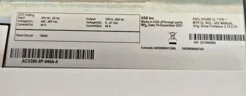 ABB ACH580-01-046A-2+P922 VARIABLE FREQUENCY DRIVE 30HP 22kW 44A 480VAC 4