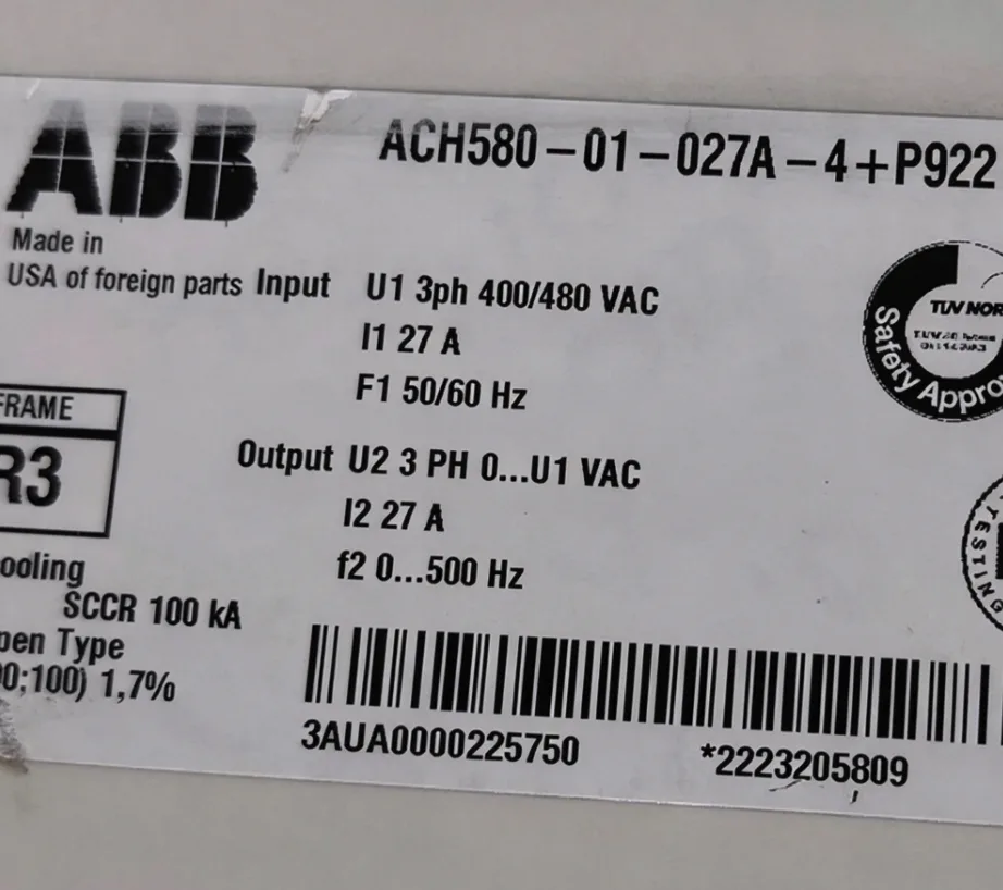 ABB AC Drive ACH580-01-027A-4+P922 20HP 3Ph 27A 400/480VAC AVM 204 4