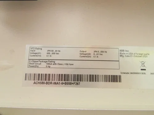 ABB ACH580-BDR-06A1-6+B058+F267 HVAC AC Drive 5HP 600VAc 6.1A 2