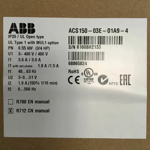 ABB Inverter ACS150-03E-01A9-4 3P AC380V ~ 480V 0.55KW 3