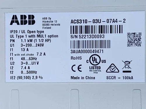 ABB ACS310-03U-07A4-2 AC DRIVE 1.1KW (1.5HP) 220V 2