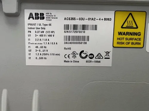ABB ACS355-03U-01A2-4+B063 DRIVE AC 1/4HP 460V NEEMA4X 3